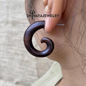 Half Spiral Fake Gauge Earrings, Wood Post Earrings, Handcarved Earrings, Handmade Jewelry, Wooden Accessories.