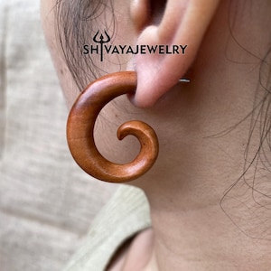 Half Spiral Fake Gauge Earrings, Wood Post Earrings, Handcarved Earrings, Handmade Jewelry, Wooden Accessories.