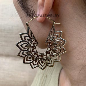 Tribal Mandala Earrings, Brass Hoop Earrings, Handcarved Earrings, Handmade Jewelry