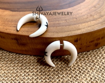 Tribal Fake Gauge Earrings, Bone Post Earrings, Handcarved Earrings, Handmade Jewelry, Bone Accessories.