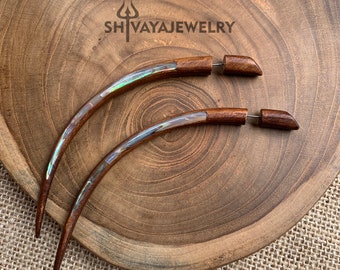 Taper Fake Gauge Earrings, Wood Post Earrings, Handcarved Earrings, Handmade Jewelry, Sea Shell Taper Gauges, Wood Accessories.