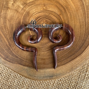 Long Spiral Fake Gauge Earrings, Wood Post Earrings, Hand carved Earrings, Handmade Jewelry, Wooden Accessories.