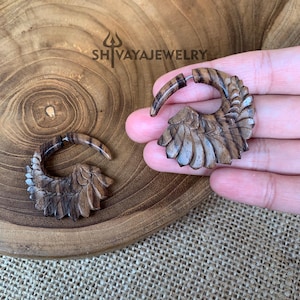 Tribal Wings Fake Gauge Earrings, Wood Gauge Earrings, Handcarved Earrings, Handmade Jewelry, Wooden Accessories.