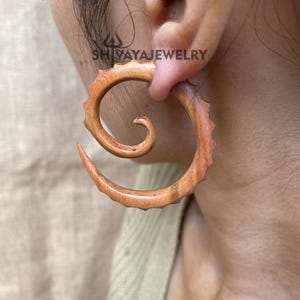 Spiral Fake Gauge Earrings, Wood Post Earrings, Handcarved Earrings, Handmade Jewelry, Wooden Accessories.