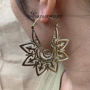 Tribal Mandala Earrings, Brass Hoop Earrings, Handcarved Earrings, Handmade Jewelry.