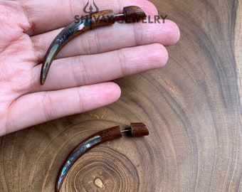 Taper Fake Gauge Earrings, Wood Post Earrings, Handcarved Earrings, Handmade Jewelry, Sea Shell Taper Gauges, Wood Accessories.
