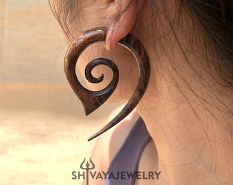 Long Spiral Fake Gauge Earrings, Wood Post Earrings, Hand carved Earrings, Handmade Jewelry, Wooden Accessories.