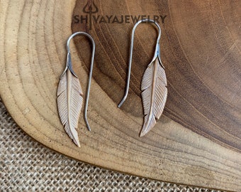 Pendientes de pluma de plata de ley, pendientes de hueso premium, accesorios hechos a mano, hueso reciclado, ganchos de plata de ley, joyería tallada a mano