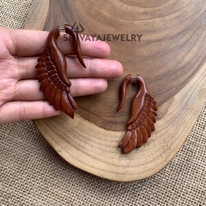 Feather Wood Fake Gauge Earrings, Fake Spiral, Spiral Gauge, Handmade Horn Jewelry, Hand Carved Earrings, Wood Accessories, Wood Piercing