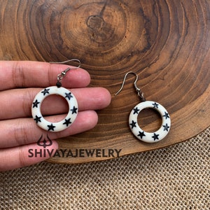 Star Earrings, Recycled Bone Earrings, Brass Hook, Handcarved Earrings, Handmade Jewelry.