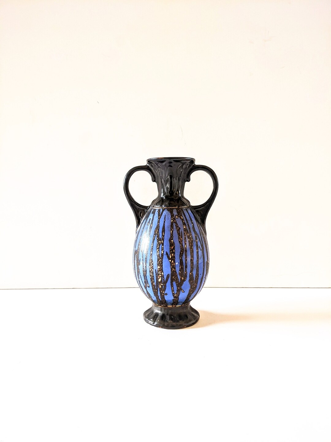 Vintage Amphora Vase, Black and Blue, Double Handle, Ceramic Decorative