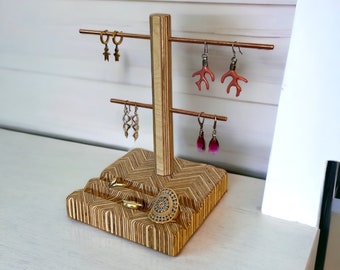 Earring Holder, Ring Display, Earring Holder Stand,  Ring Stand, Earring Display, 2 in 1 Jewelery Holder, Wood And Copper