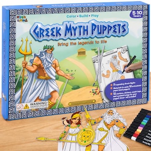 May include: A Greek Myth Puppets craft kit box featuring Poseidon with a trident, a coloring page, and markers. The box includes materials for 10 articulated paper hand puppets, 12 markers, stickers, washi tape, and a stage for ages 5-10 years.