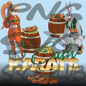 May include: A cartoon illustration of Bugs Bunny and Lola Bunny dressed in streetwear with barrels of money and carrots. The text "Cash & Karats" is in gold letters.