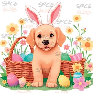 Può includere: Un cucciolo di golden retriever con orecchie di coniglio è seduto davanti a un cesto pieno di uova di Pasqua colorate. Il cesto è circondato da erba verde e fiori rosa, gialli e bianchi.