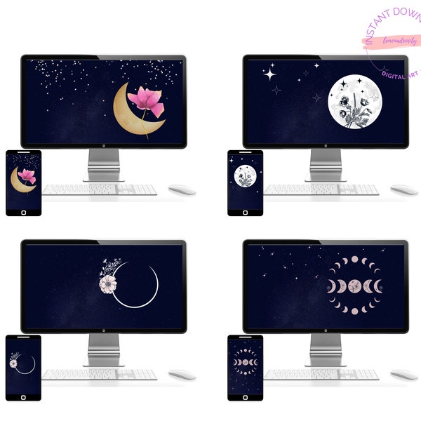 Moon & Flowers Desktop and Phone Wallpaper