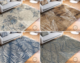 Blumen Teppich - Blauer Pflanzenteppich - Exotischer Antirutsch Teppich - Blatt Bodenmatte - Brauner Teppich für Wohnzimmer - Tropischer Läufer - 10x150