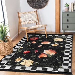 Floral Area Rugblack Checkboard Runnerchecky Non Slip Carpetrose Floor ...