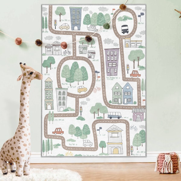 City Life Activity Rug|Driving Rectangular Toddler Carpet|Car Nursery Rug|Traffic Pastel Playmat|Anti Slip Mat for Kid's Room