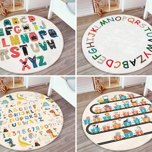 RealHomes Letters Round Rug|Alphabet Floor Carpet|Train Non Slip Circle Rugs|Animal Anti Slip Mat|Toddler Area Rugs|Beige Rug For Kid's Room