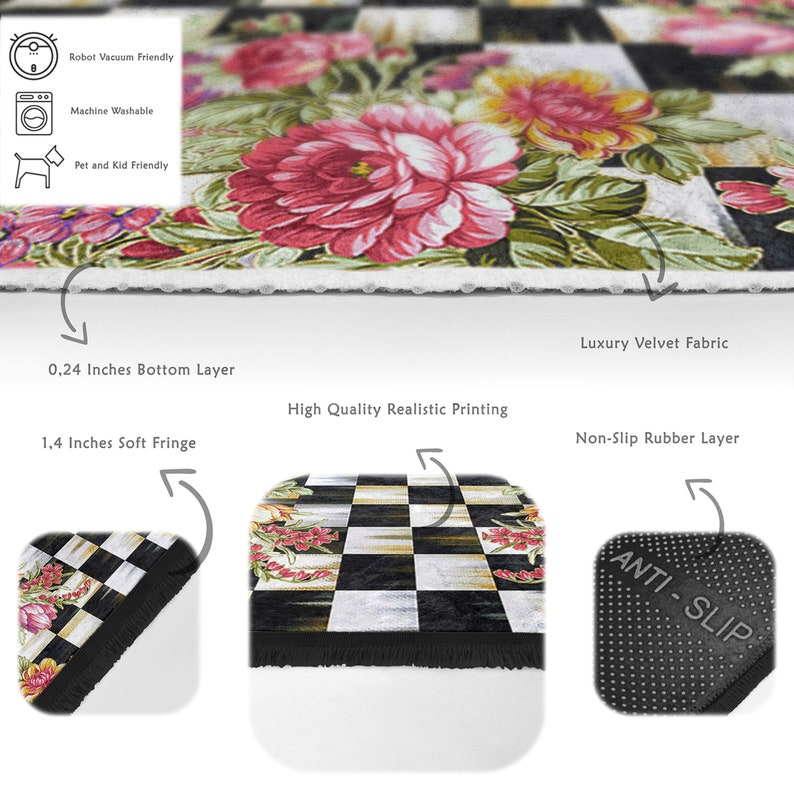 Sketchy Rose Area RugCheckers RunnerGarden Non Slip CarpetChecky Chessboard Floor ArtMachine Washable CarpetBlack Fringed Mat image 10