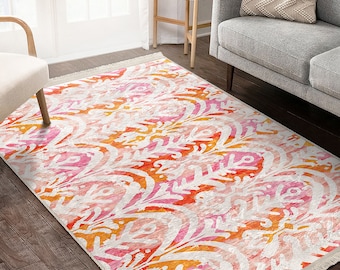 Tapis ikat|Tapis vintage rose|Tapis bohème antidérapant|Tapis bohème|Tapis beige lavable en machine|Tapis ancien avec franges