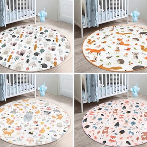 RealHomes Fox Round Rug|Animals Floor Carpet|Southwestern Non Slip Circle Rugs|Owl Anti Slip Mat|Toddler Area Rugs|Pink Rug For Kid's Room