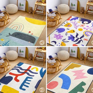 Surreal Newborn Rug|Boho Abstract Rectangular Toddler Carpet|Whale Nursery Rug|Hippie Phantasmagoric Infant mat|Anti Slip Mat for Kid's Room
