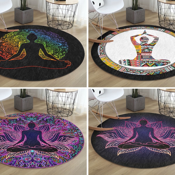 Yoga Round Rug|Meditation Floor Carpet|Spiritual Non Slip Circle Rugs|Psychedelic Anti Slip Mat|Dotted Area Rugs|Black Rug For Dining Room