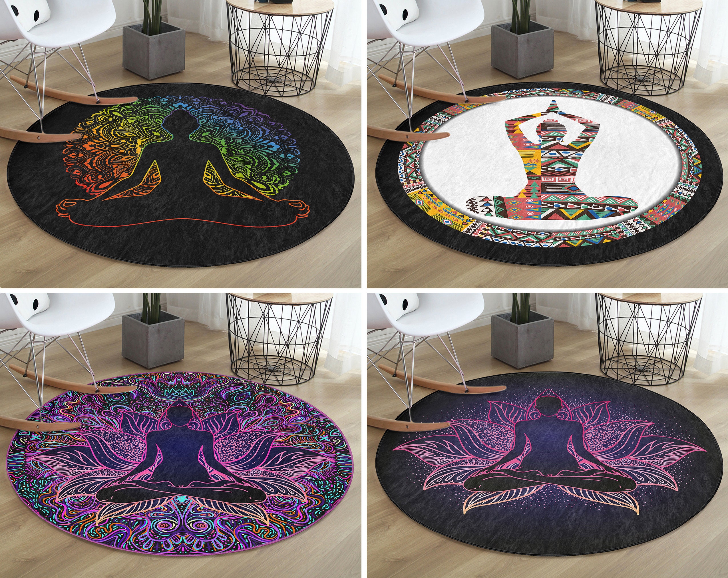 Yoga Round Rugmeditation Floor Carpetspiritual Non Slip Circle  Rugspsychedelic Anti Slip Matdotted Area Rugsblack Rug for Dining Room 