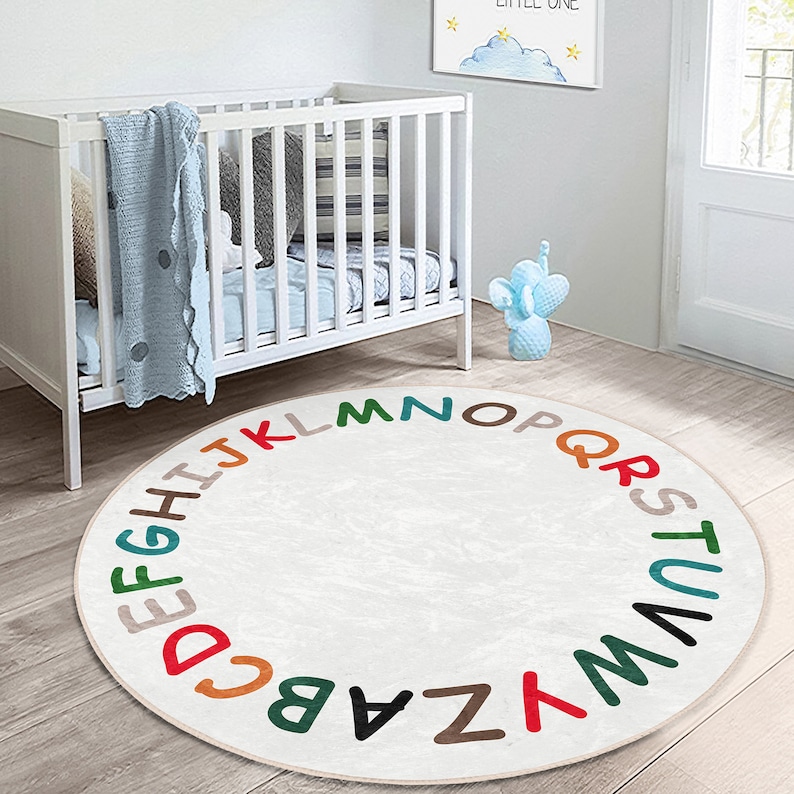 Tapis rond RealHomes Letters Tapis de sol Alphabet Train Tapis antidérapants Tapis antidérapant pour animaux Tapis pour tout-petits Tapis Beige pour chambre denfant image 3