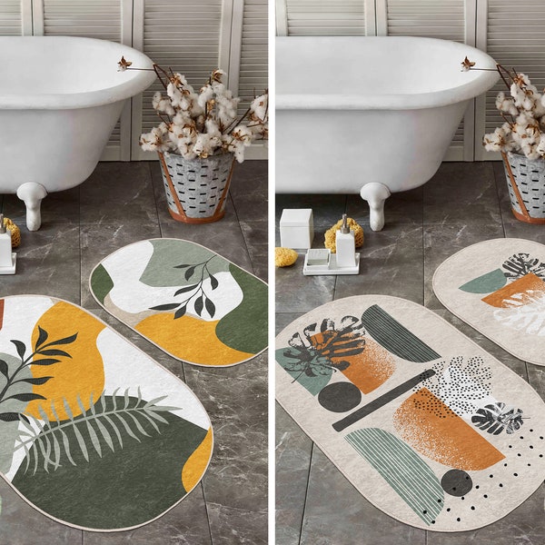 2er Set Pflanzenteppich| Boho Anti Rutsch Bodenmatte| Abstrakter grauer Nicht rutschfester Türteppich| Ethnischer Blätterteppich für Badezimmer