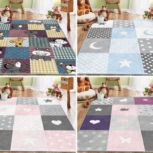 Animal Activity Rug|Squared Rectangular Toddler Carpet|Star Nursery Rug|Heart symmetric Playmat|Anti Slip Mat for Kid's Room