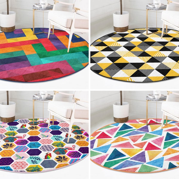 Bunter runder Teppich|Geometrischer Teppich|Boho Teppiche|Flamingo Anti Rutsch Matte|Dreieck Teppiche|Lila Teppich für Wohnzimmer