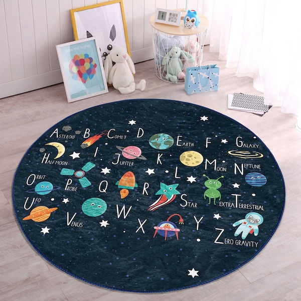 Space Nursery Rug|Alien Playmat for Kids Room|Alphabet Toddler Round Carpet|Galaxy Non Slip Activity Rug|Ufo Playroom Rug|Daycare Mat