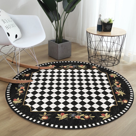 Argyle Round Rugharlequin Floor Carpetrustic Non Slip Circle Rugsdiamond Rubber  Backing Matfloral Area Rugsblack Rug for Living Room 