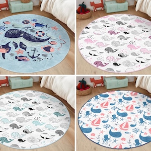RealHomes Whale Round Rug|Anchor Floor Carpet|Octopus Non Slip Circle Rugs|Baby Anti Slip Mat|Sailor Area Rugs|Blue Rug For Kid's Room