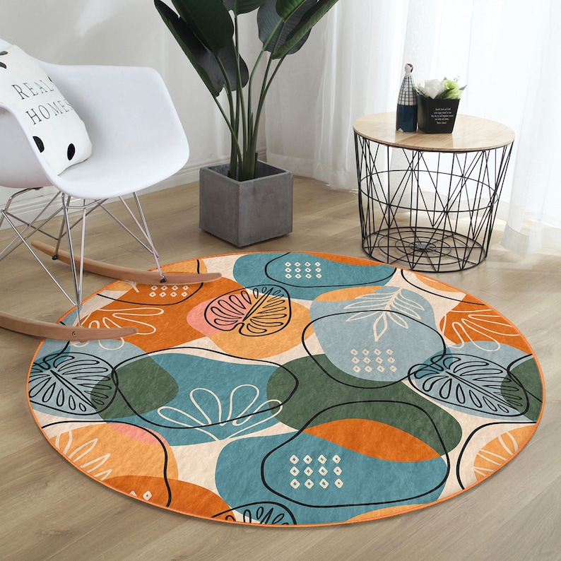 RealHomes Boho Round RugColorful Floor CarpetAbstract Non Slip Circle RugPlant Anti Slip MatGeometric Area RugsPink Rug For Living Room 3