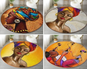 RealHomes Runder Afrikanischer Teppich|Bodenteppich Frau|Stilvolle Teppiche Rutschfest Kreise|Ethnische Anti-Rutsch-Matte|Lebhafte Teppiche|Orange Teppich Für Wohnzimmer