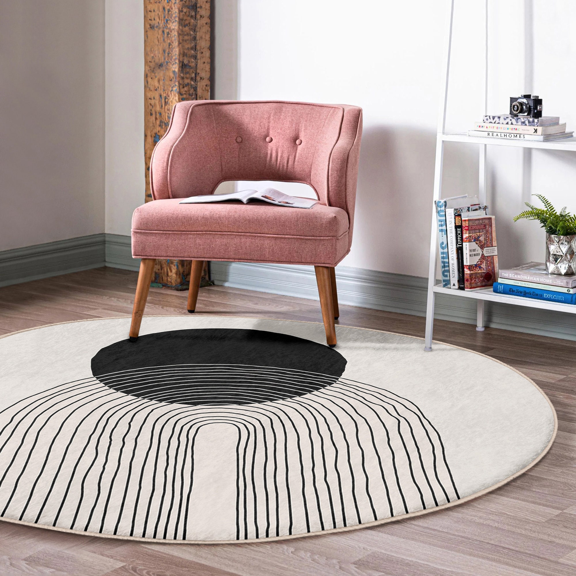 Abstract Round Rugonedraw Floor Carpetdecorative Non Slip Circle  Rugsstriped Anti Slip Matgeometric Area Rugsbeige Rug for Living Room 