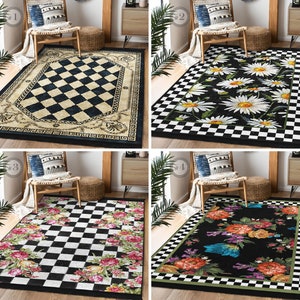 Check Area Rug - Black Floral Carpet - Traditional Anti Slip Rug - Daisy Floor Mat - Beige Rug For Living Room - Striped Runner|Home Decor