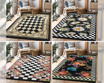 Check Area Rug - Black Floral Carpet - Traditional Anti Slip Rug - Daisy Floor Mat - Beige Rug For Living Room - Striped Runner|Home Decor