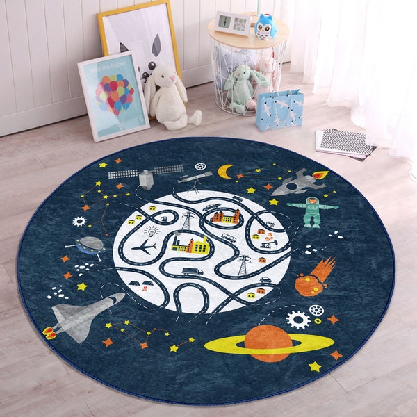 Tapis de pépinière OVNI| Tapis de jeu Spaceship pour la chambre des enfants| Tapis rond pour tout-petits| Tapis d’activité antidérapant Planet| Tapis de salle de jeux étoile| Tapis bleu de garderie