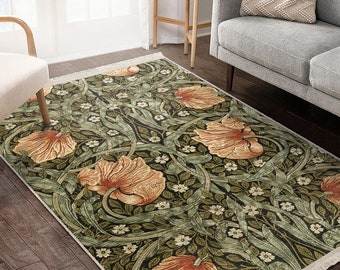 Tapis de style Wiliam Morris|Tapis vert Art nouveau|Tapis gothique antidérapant|Tapis de jardin|Tapis beige lavable en machine|Pavot à franges fleuri