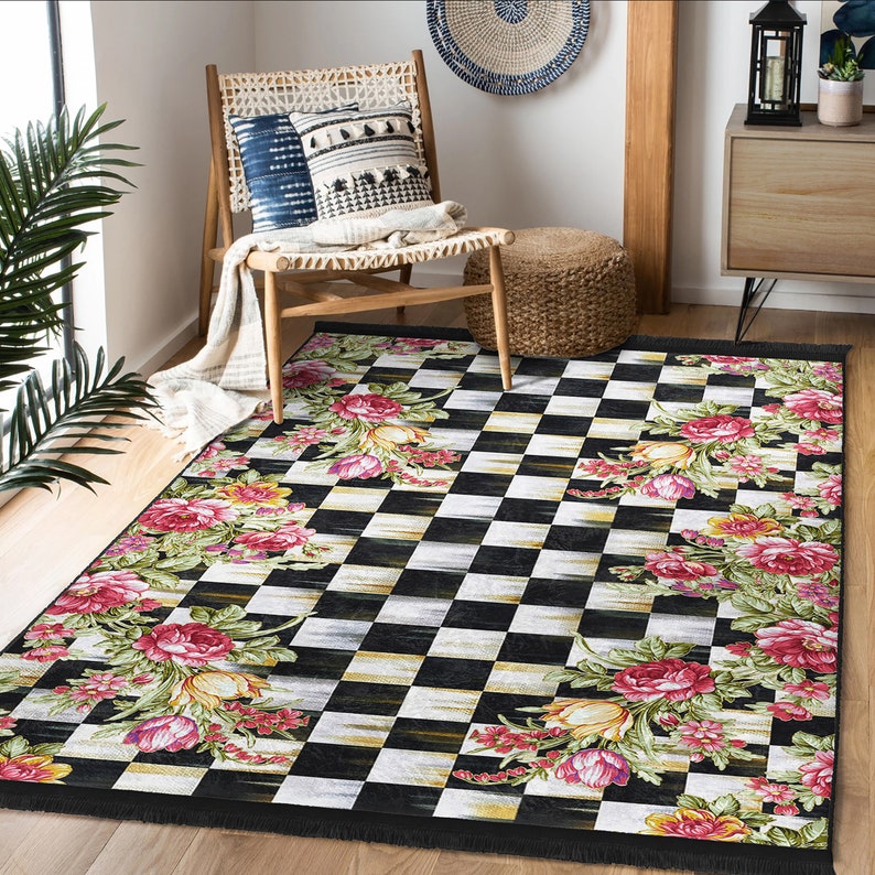 Sketchy Rose Area RugCheckers RunnerGarden Non Slip CarpetChecky Chessboard Floor ArtMachine Washable CarpetBlack Fringed Mat image 9