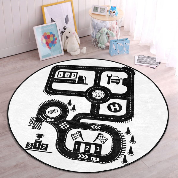 Racetrack Nursery Rug|Car Playmat for Kid Room|Road Toddler Round Carpet|Gameplay Non Slip Activity Rug|Competetion Playroom Rug|Daycare Mat