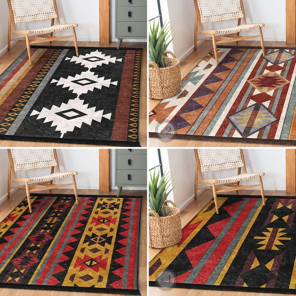 Antique 4x6 Area Rug - Red Aztec Carpet - Persian Anti Slip Rug - Tribal Floor Mat - Black Rug For Living Room - Southwestern Runner