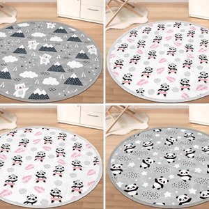 Bear Round Rug|Panda Circle Rug With Tassels|Sweet Floor Carpet With Fringe|Kid Non Slip Mat|Gray Play Anti Slip Rug for Nursery Room