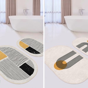 Set of 2 Mid Century Bath Rug|Boho Anti Slip Floor Mat|Bohemian Black NonSlip Door Carpet|Abstract Striped Machine Washable Rug For Bathroom