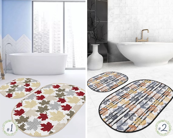 White Beige Bathroom Rugs Oval Farmhouse Bath Mat with One size